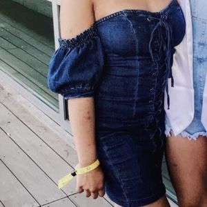 denim off the shoulder dress